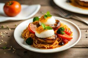 a plate of food with eggs, tomatoes and spaghetti. AI-Generated photo