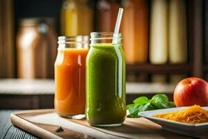 dos vaso botellas con jugo y vegetales en un corte tablero. generado por ai foto