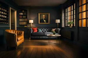 a living room with dark walls and a painting on the wall. AI-Generated photo