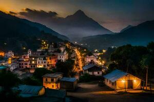 foto fondo de pantalla el cielo, montañas, aldea, el noche, el montañas, Nepal, el. generado por ai