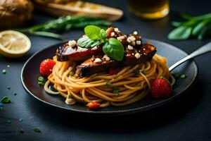spaghetti with meat and vegetables on a black plate. AI-Generated photo