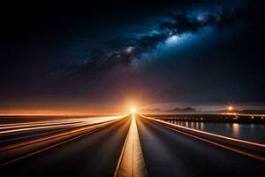 a long exposure photograph of a highway at night with the milky in the background. AI-Generated photo