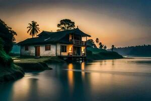 a house sits on the shore of a river at sunset. AI-Generated photo