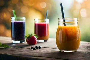 three different types of smoothies on a wooden table. AI-Generated photo