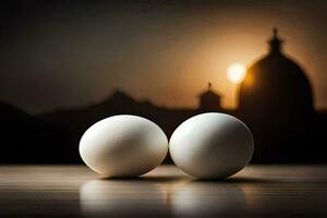 two eggs on a table in front of a church. AI-Generated photo