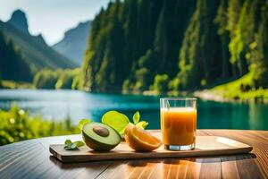 aguacate y naranja jugo en un de madera mesa en frente de un lago. generado por ai foto