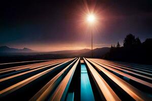 a long exposure photo of a bridge with a sun shining. AI-Generated