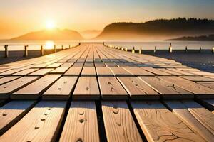 a wooden pier stretching out into the ocean at sunset. AI-Generated photo