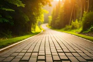 un la carretera con un ladrillo camino en el medio de un bosque. generado por ai foto