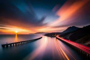 un largo exposición fotografía de un puente terminado el océano. generado por ai foto