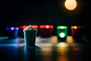 un taza de palomitas de maiz en un mesa en frente de vistoso luces. generado por ai foto