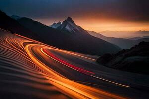 un largo exposición fotografía de un la carretera con ligero caminos. generado por ai foto