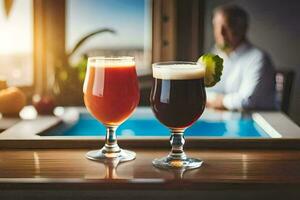 two glasses of beer on a table in front of a man. AI-Generated photo