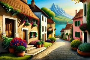 a painting of a street with houses and flowers. AI-Generated photo