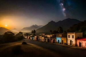 the milky way over a village in the mountains. AI-Generated photo