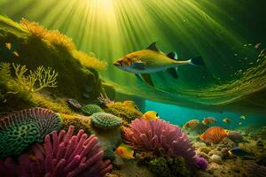 a fish swims in the ocean with coral reefs and other fish. AI-Generated photo