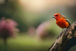 un rojo pájaro sentado en un rama en el bosque. generado por ai foto