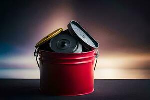 a red bucket with three different colored lids. AI-Generated photo