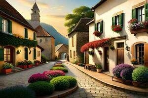 a street with flowers and plants in the middle of it. AI-Generated photo