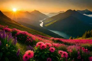 the sun rises over the mountains and flowers in the valley. AI-Generated photo