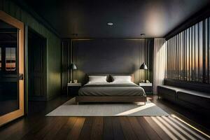 a bedroom with dark wood floors and a bed. AI-Generated photo