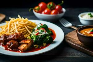 un plato de comida con carne, vegetales y salsa. generado por ai foto