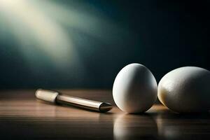 two eggs and a knife on a table. AI-Generated photo