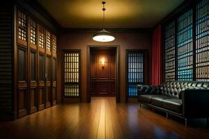 a dark hallway with a leather couch and wooden floors. AI-Generated photo