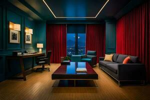 un hotel habitación con rojo cortinas y azul paredes generado por ai foto