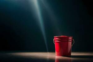 a red bucket on a dark floor with light shining from behind. AI-Generated photo