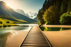 a wooden walkway leads to a lake and mountains. AI-Generated photo