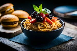 a bowl of pasta with berries and burgers. AI-Generated photo
