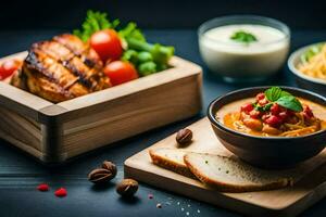 a bowl of soup, bread and vegetables on a table. AI-Generated photo