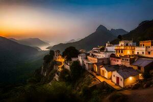 foto fondo de pantalla el cielo, montañas, atardecer, el aldea, India, el aldea, Indiana. generado por ai