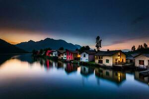 foto fondo de pantalla el cielo, montañas, lago, casas, el cielo, el montañas, el lago. generado por ai