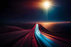 a long exposure photograph of a road with a bright sun shining. AI-Generated photo