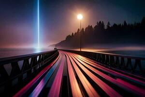 a long bridge with a light at the end. AI-Generated photo