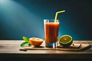 un vaso de naranja jugo con un Paja y un naranja rebanada. generado por ai foto