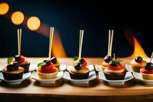 small plates with cupcakes and toothpicks on them. AI-Generated photo