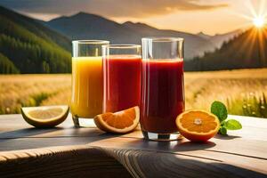three glasses of juice on a table with mountains in the background. AI-Generated photo