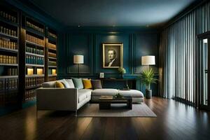 a living room with blue walls and wooden floors. AI-Generated photo