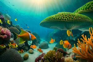 an underwater scene with coral and fish. AI-Generated photo