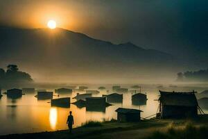 a man stands in front of a lake with huts and a sun rising over them. AI-Generated photo