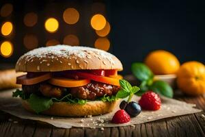 a hamburger with fruit and vegetables on a wooden table. AI-Generated photo