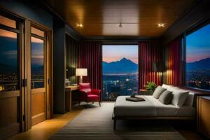 a bedroom with a view of the mountains at night. AI-Generated photo