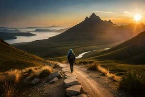 a man walks up a mountain path in the sun. AI-Generated photo