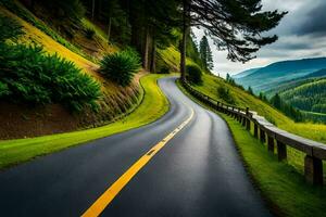 un largo la carretera con arboles y montañas en el antecedentes. generado por ai foto