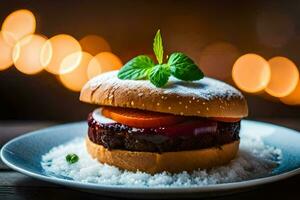 a hamburger with a tomato and cheese on a plate. AI-Generated photo