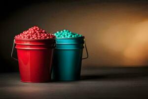 two buckets of candy on a dark background. AI-Generated photo