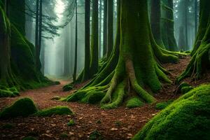 un bosque con cubierto de musgo arboles y arboles generado por ai foto